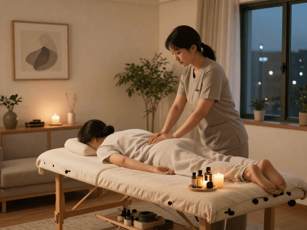 Experience premium 인천출장안마 services in a tranquil home setting, showcasing a skilled therapist at work.