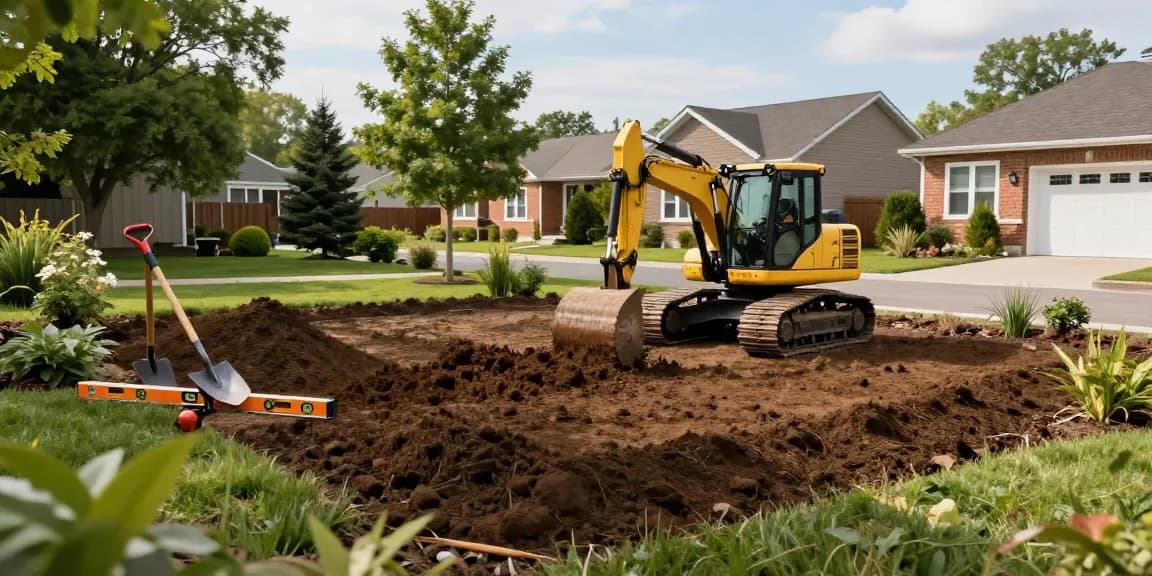 Professional grading process in Ottawa with equipment leveling residential yard for effective drainage and landscape improvement.