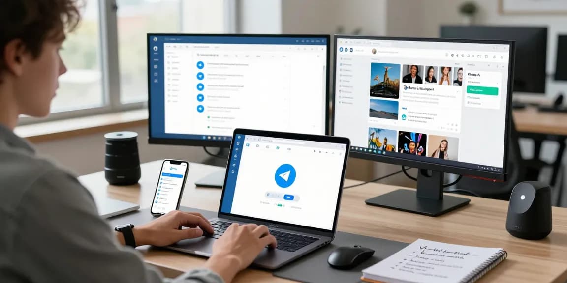 Professional workspace using Telegram download on laptop with dual monitors.