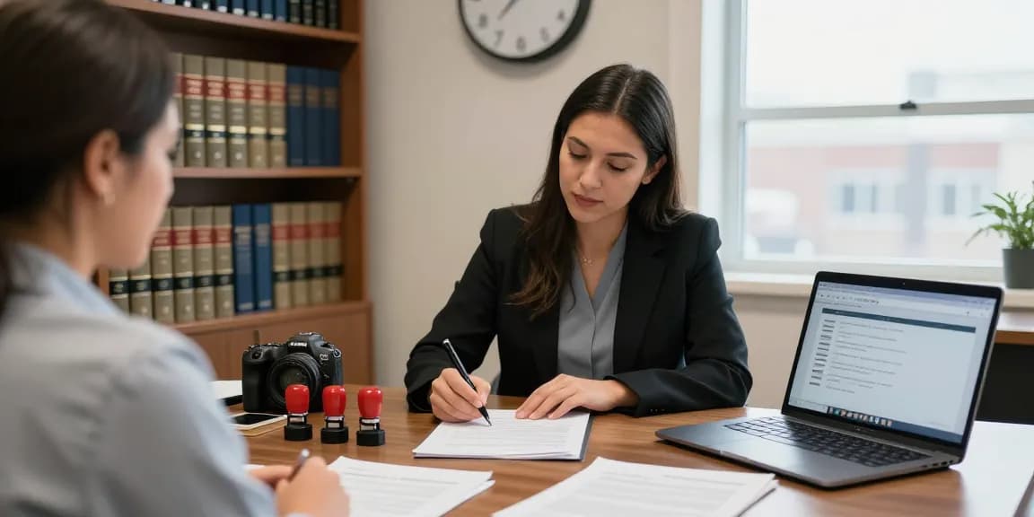 public notary brampton assisting client with document signing in a professional office setting