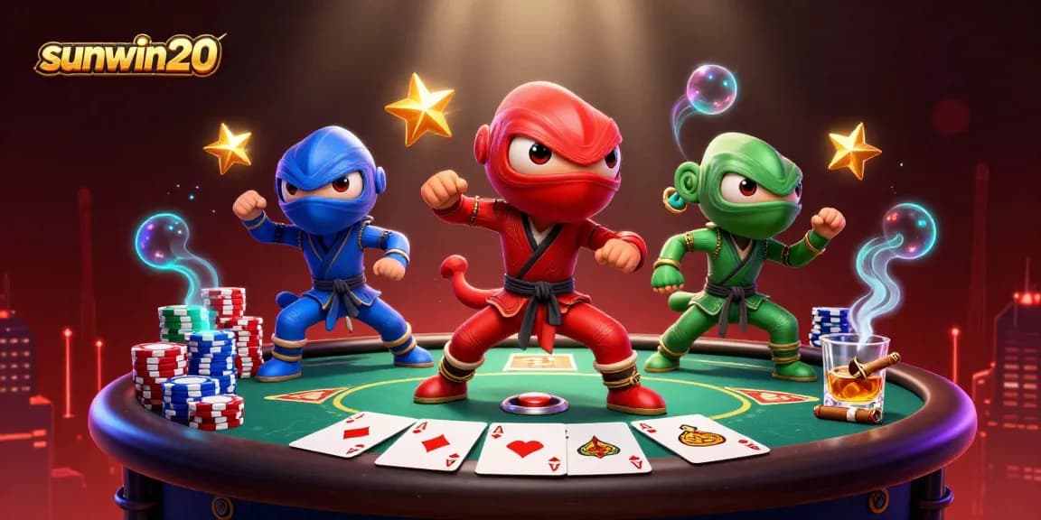 Engage with sunwin20 as ninja chameleons showcase poker prowess amidst vibrant casino elements.