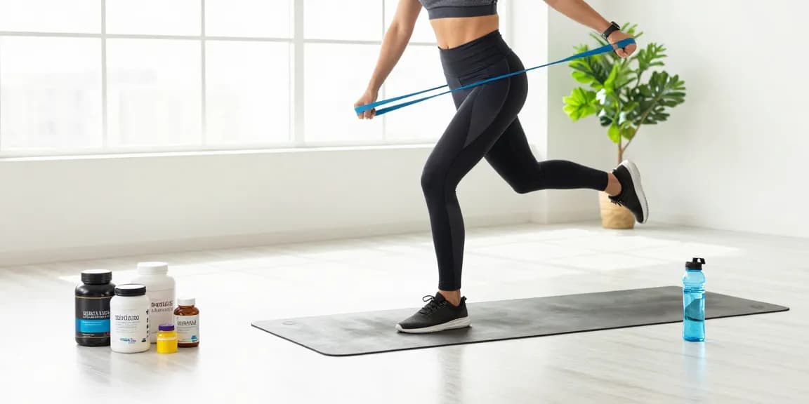 Woman exercising with peptides supplements in a bright wellness studio.