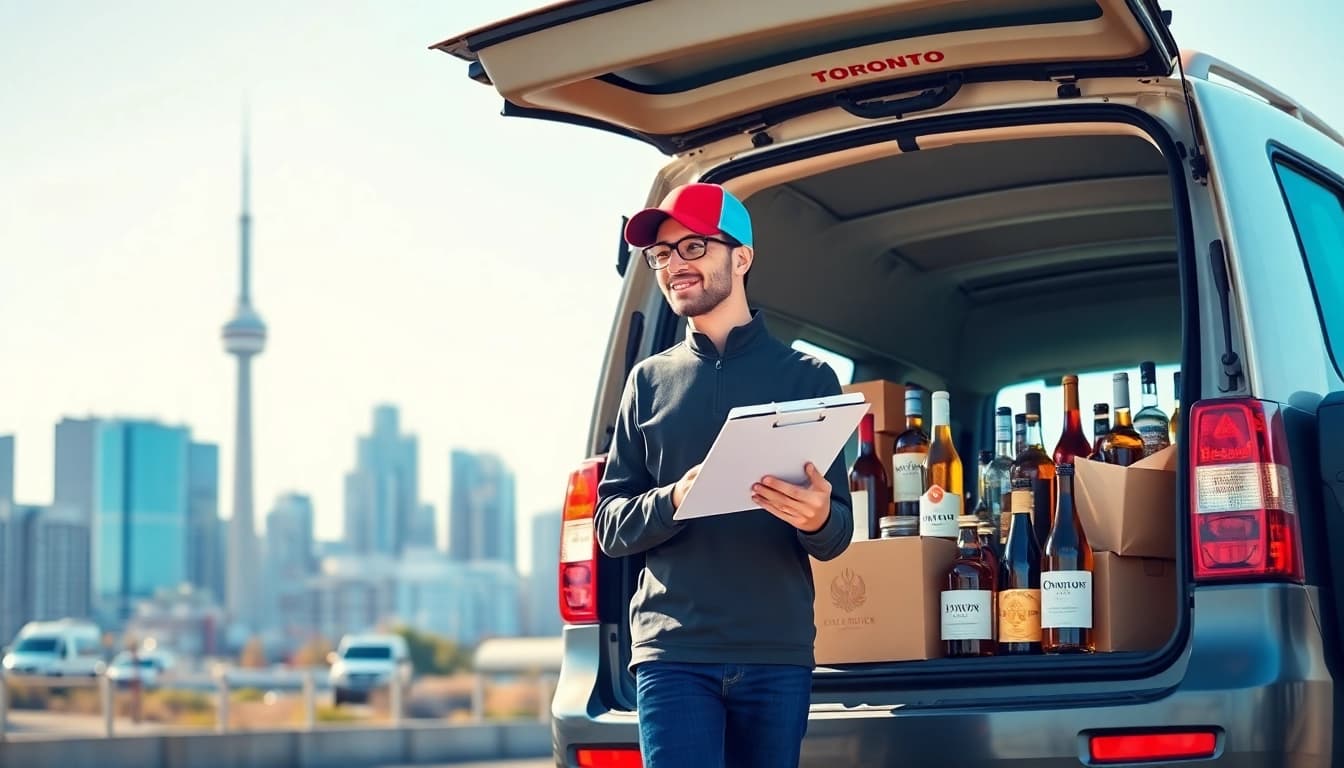 Alcohol delivery Toronto featured in a lively city scene with a delivery person and diverse bottles.