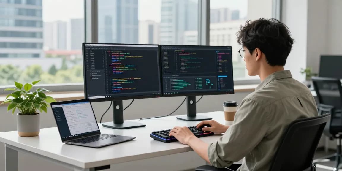 快连 technology setup with developer coding on dual monitors in a modern office.