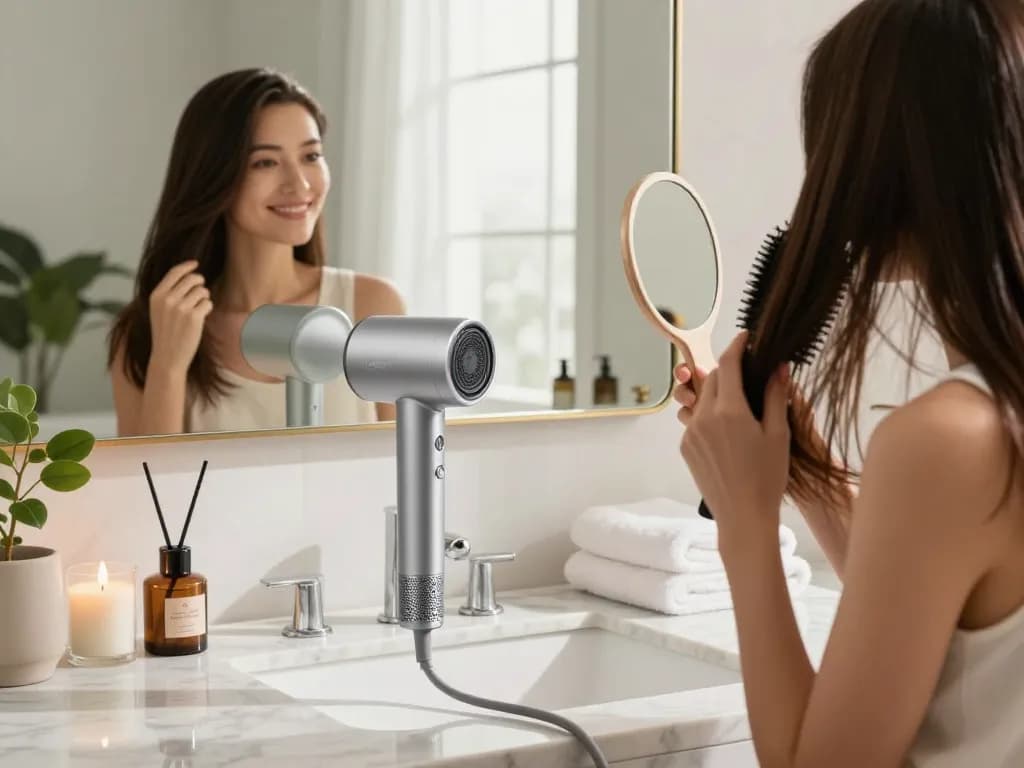 Woman using a Laifen hair dryer in a stylish bathroom with natural light.