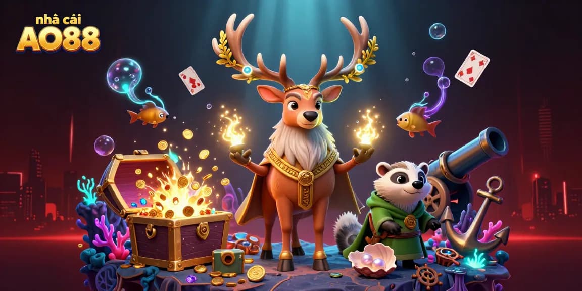 Engage in thrilling action with nhà cái AO88's vibrant 3D casino illustration featuring mythical characters and exciting game elements.