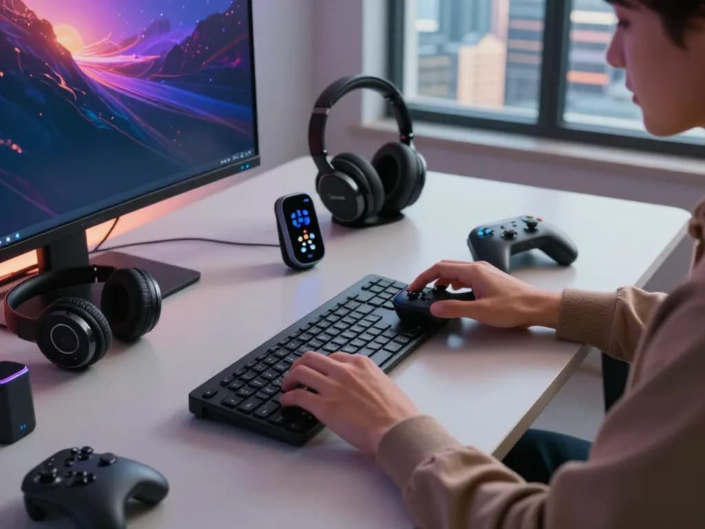 Discover unique tech gadgets in a modern workspace surrounded by innovative devices.
