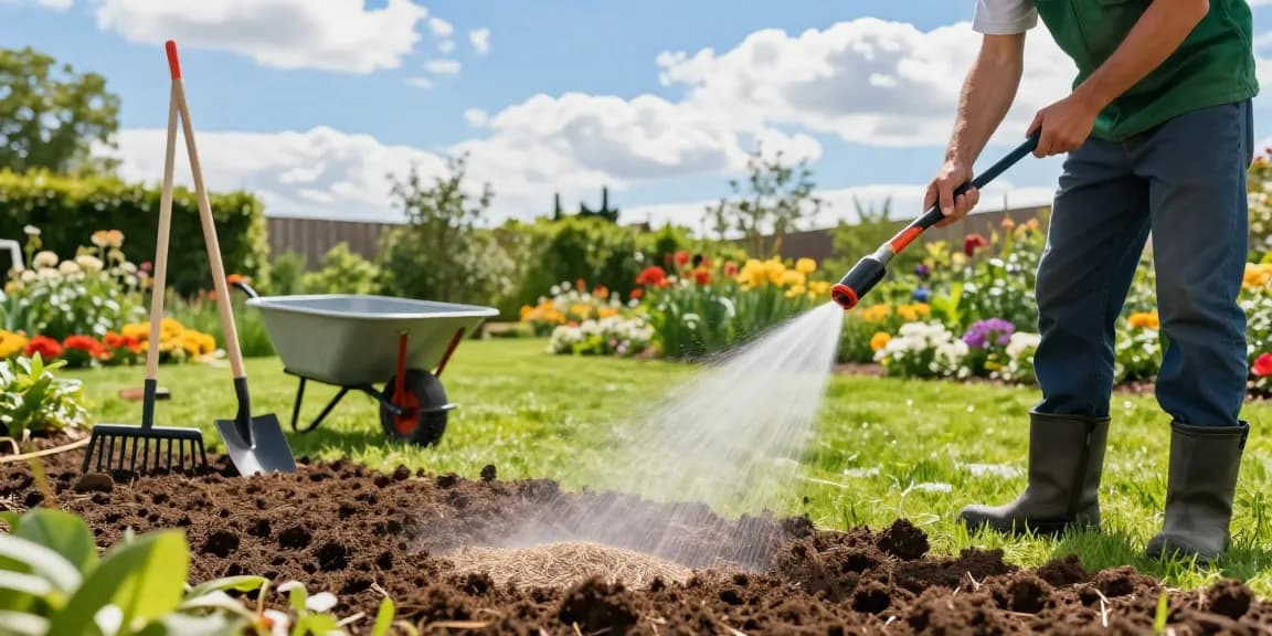 Hydroseeding Ottawa scene showing a landscaper applying seed mix in a lush garden.