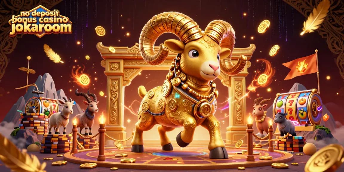 No deposit bonus casino jokaroom showcasing a golden ram charging through a dazzling casino themed scene with slot elements and coins.