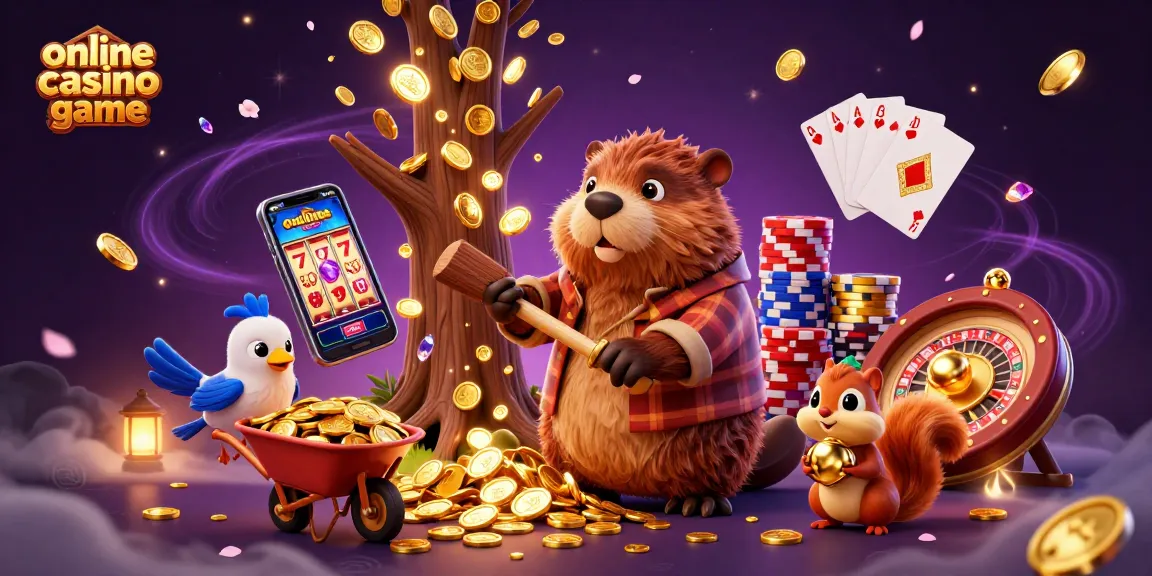 Engage with exciting online casino game action featuring a cartoon beaver and friends amidst cascading coins.