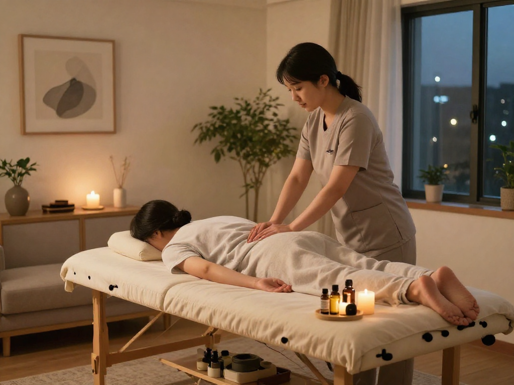 Experience premium 인천출장안마 services in a tranquil home setting, showcasing a skilled therapist at work.