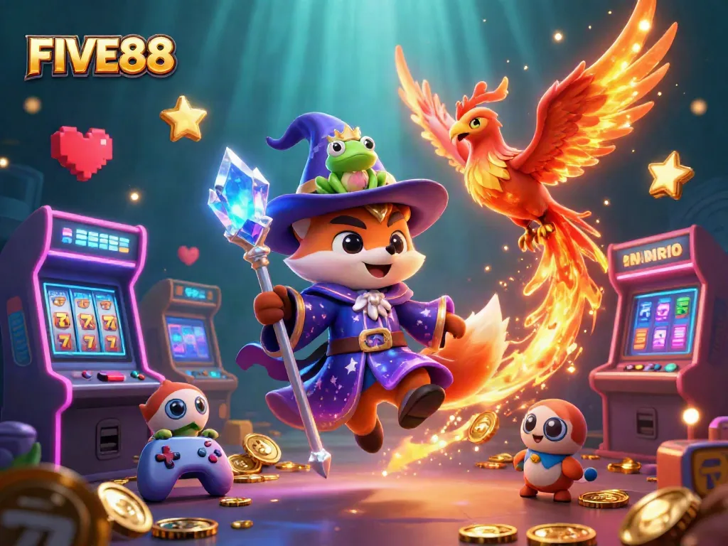 Experience the vibrant world of FIVE88 casino with magical characters and slot elements.