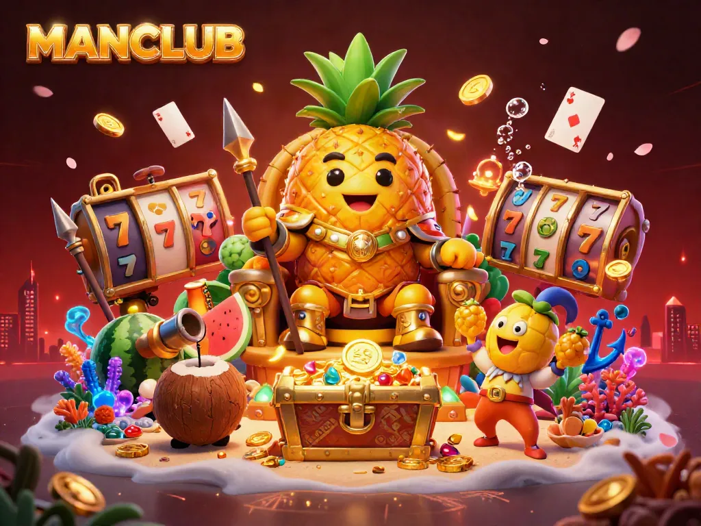 MANCLUB showcases vibrant casino energy with a golden pineapple king, treasures, and colorful elements.