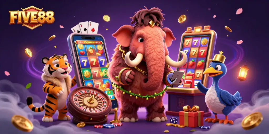 Experience excitement at FIVE88 with a vibrant casino scene featuring animated characters and slot games.
