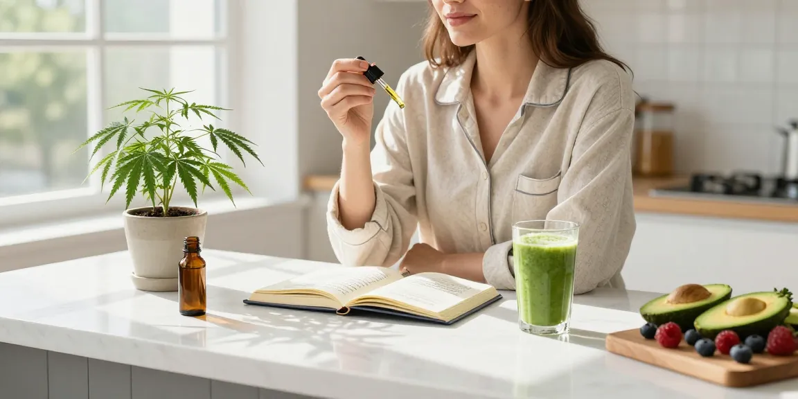 Ministry of Cannbis CBD oil tincture in a wellness morning routine with natural ingredients and hemp plant.