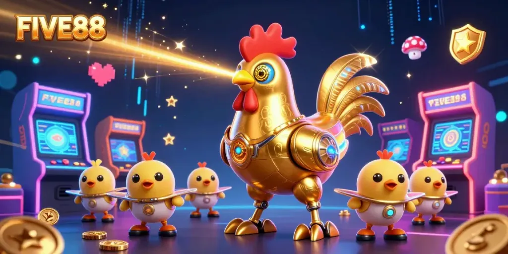 Engage with the vibrant FIVE88 casino world showcasing retro characters in an exciting gaming environment.
