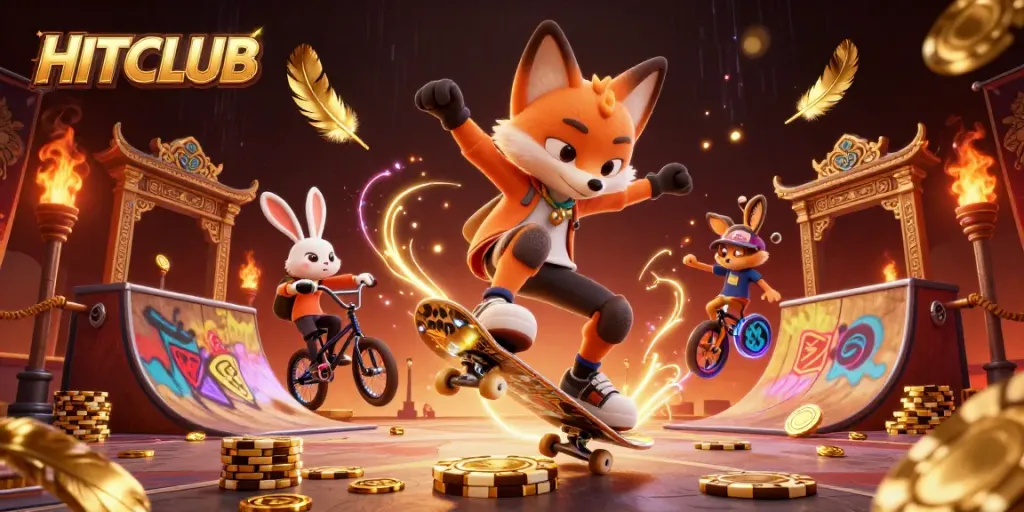 Experience thrilling gameplay at HITCLUB while watching a skateboarder fox kickflip over golden poker chips.