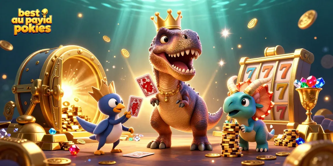 Engage with the best AU PayID pokies in a vibrant 3D casino scene featuring fun characters and sparkling treasure.