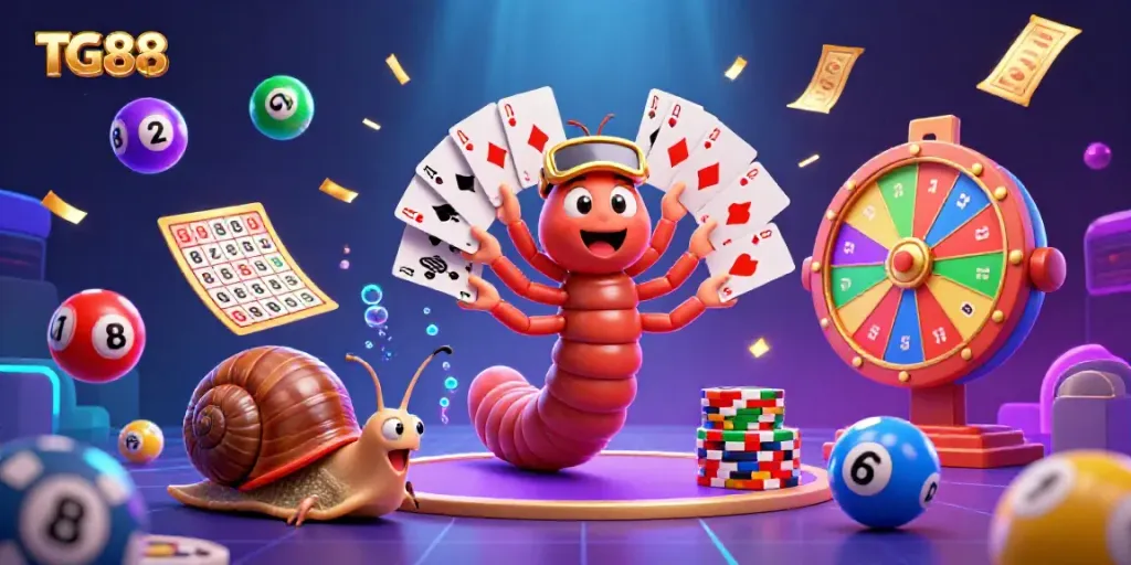 Experience the excitement of TG88 with a colorful illustration of animated casino elements and characters.