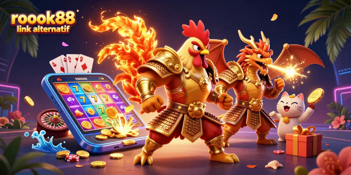 Engage with rokok88 link alternatif, featuring vibrant 3D action in a casino-themed illustration showcasing slot gameplay.