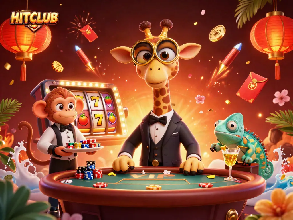 Experience the excitement of HITCLUB with this vibrant casino scene featuring animated characters and dynamic gaming elements.