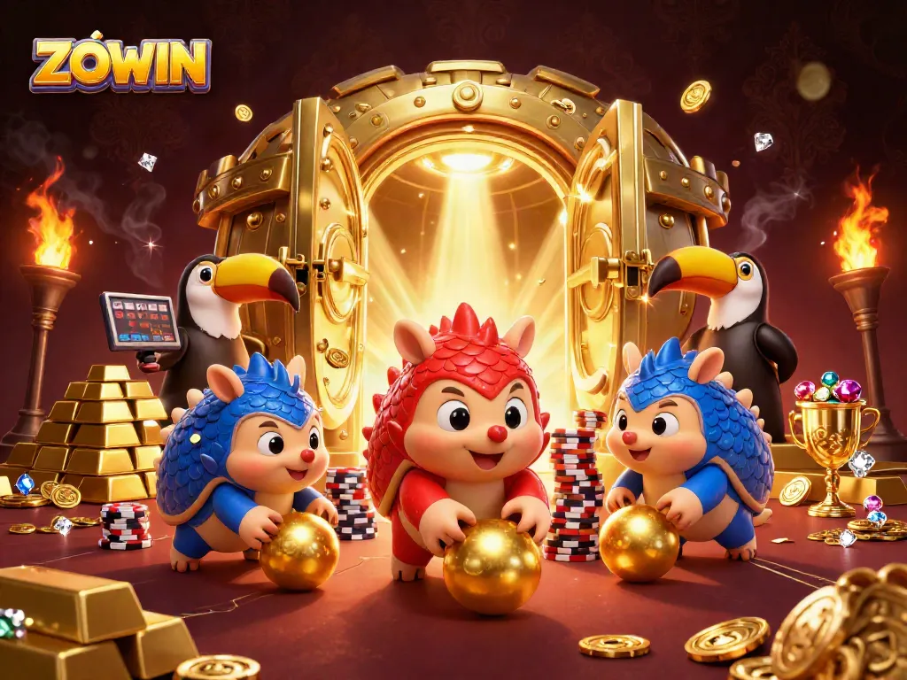 ZOWIN rivals roll golden balls and poker chips in a vibrant casino showdown.