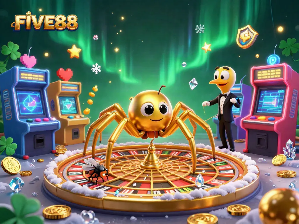 Experience the thrill of betting with FIVE88 in this vibrant casino scene featuring colorful characters and elements.
