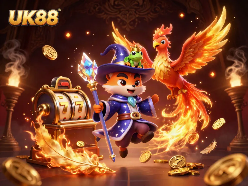 Spin the reels at UK88 with a whimsical wizard fox and fiery phoenix in a mystical casino backdrop.