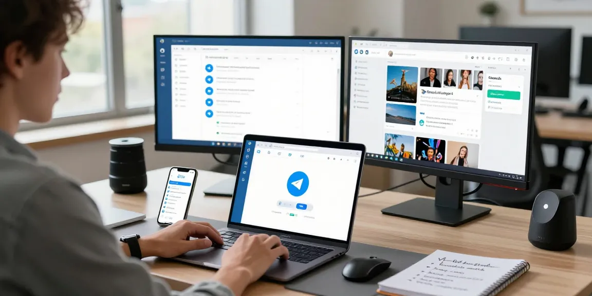 Professional workspace using Telegram download on laptop with dual monitors.