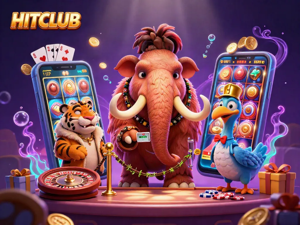 Engage with HITCLUB in a vibrant casino scene featuring a mammoth bouncer, a VIP saber-tooth tiger, and lively slot games.