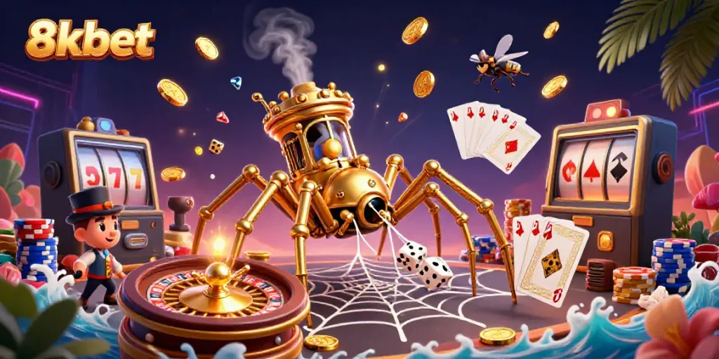 Experience thrilling gameplay with 8xbet's unique steampunk casino illustration featuring golden elements.