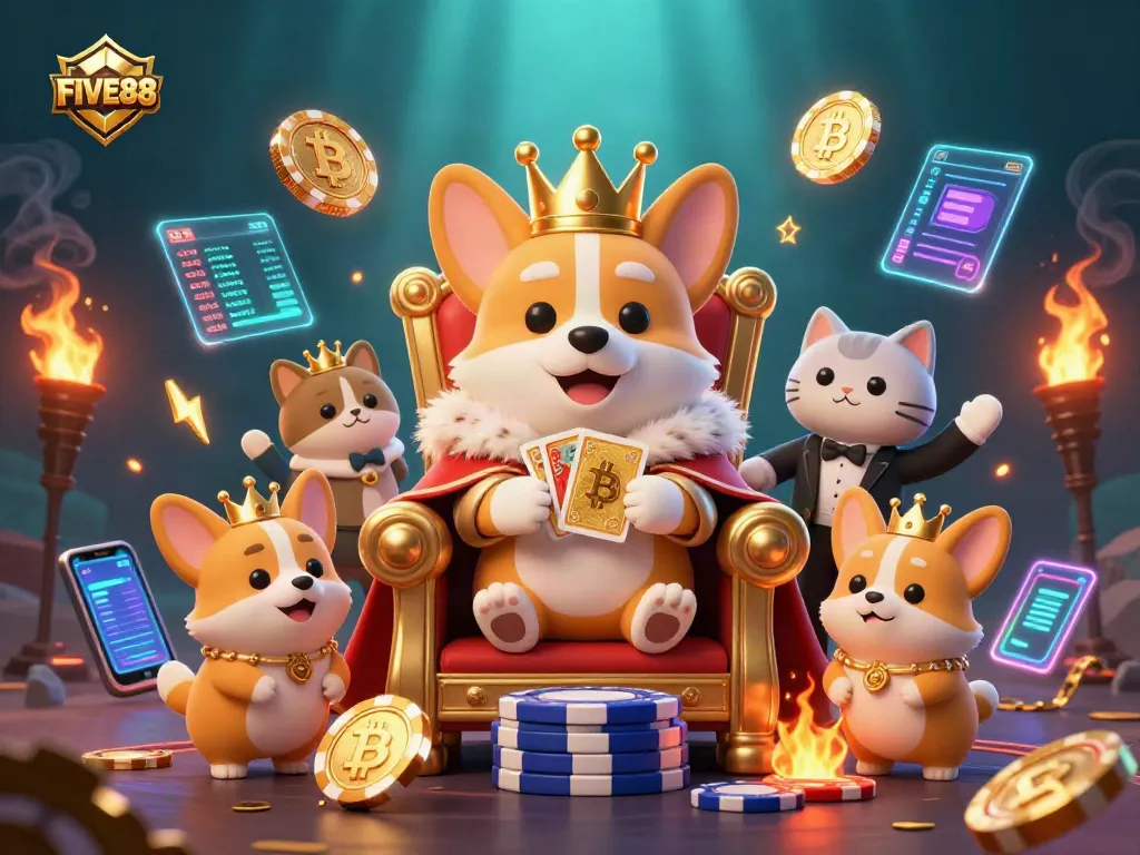 Engage with FIVE88 in this enchanting casino scene featuring royal corgis and crypto elements.