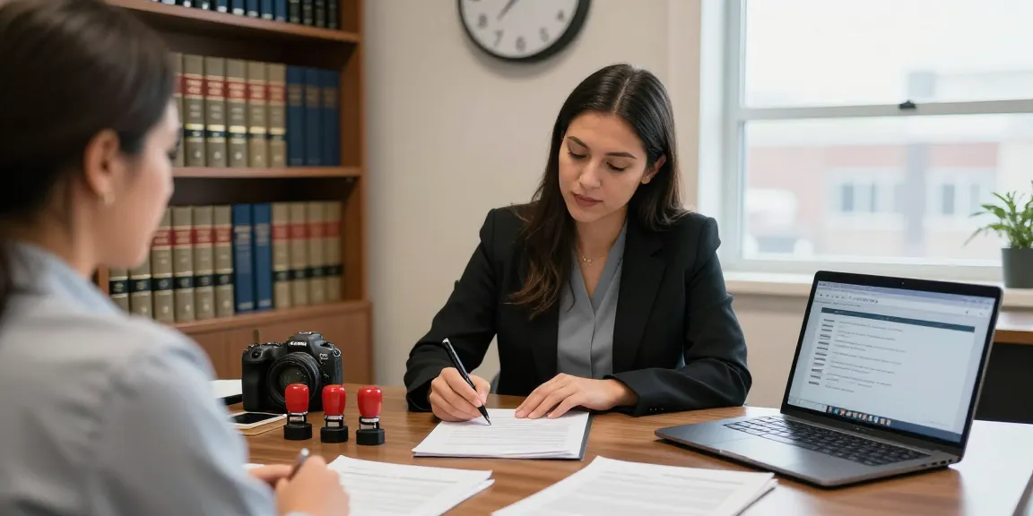 public notary brampton assisting client with document signing in a professional office setting