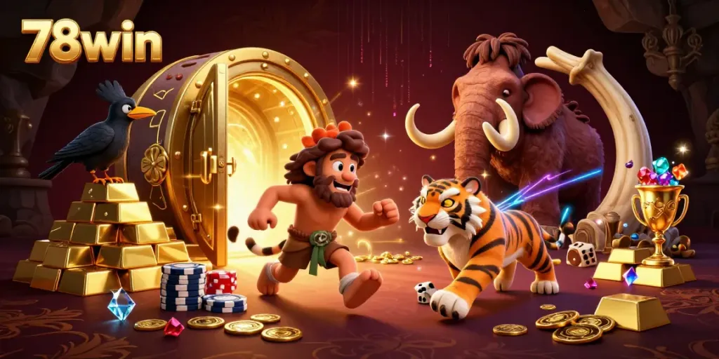 Watch the 78win team of a cartoon caveman, sabertooth tiger, and clever crow score big in a vibrant casino scene.