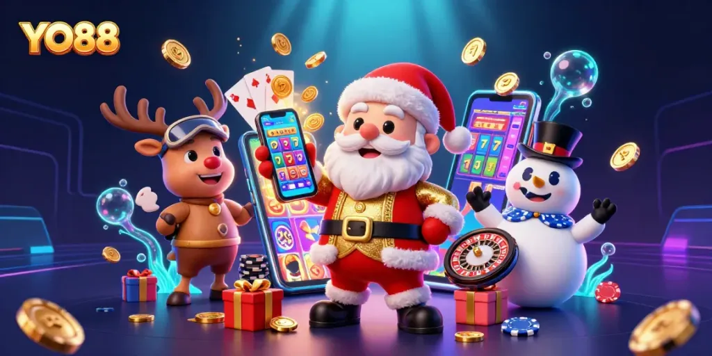 YO88 celebrates wins with a vibrant 3D scene featuring Santa and friends in a festive casino.