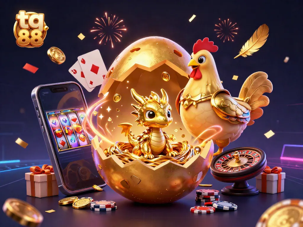 Engage with tg 88's vibrant illustration showcasing a golden dragon and gaming elements amidst confetti.
