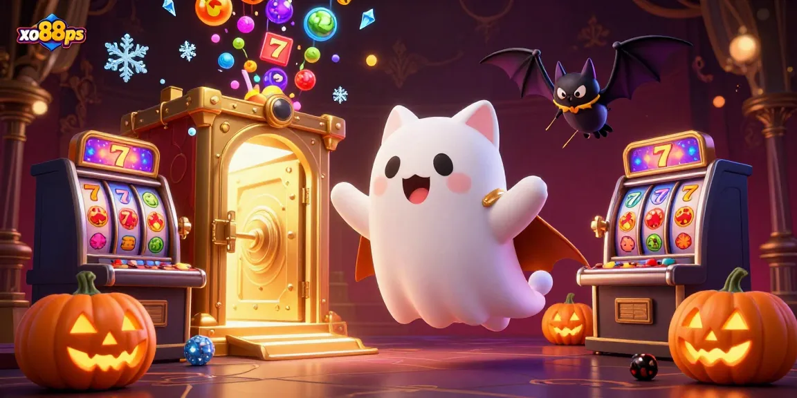 Spin the reels at xo88ps with a ghost cat in a haunted casino, rich in vibrant details.