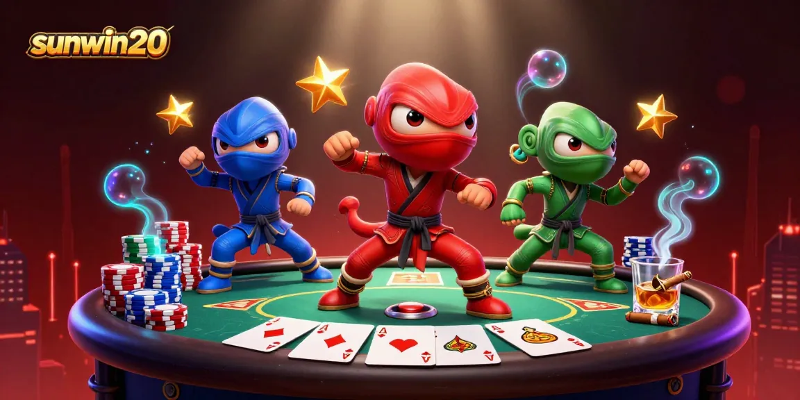 Engage with sunwin20 as ninja chameleons showcase poker prowess amidst vibrant casino elements.