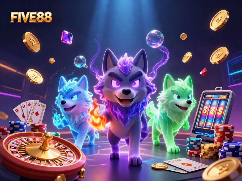 Engage with FIVE88 in this vibrant casino scene showcasing a 3D cartoon wolf pack amidst casino elements.