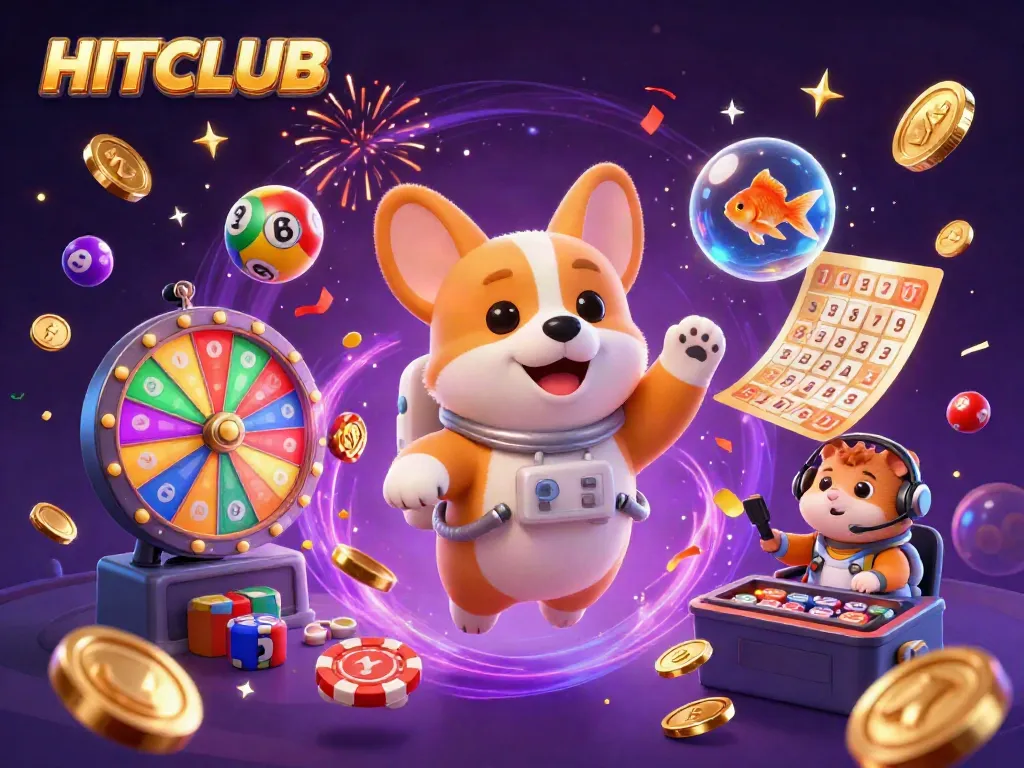 Experience thrilling gameplay at HITCLUB, where colorful lottery balls bounce amidst a lively casino scene.