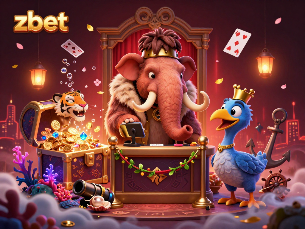 Experience zbet's lively atmosphere with a woolly mammoth bouncer, a saber-tooth VIP, and immersive casino elements.
