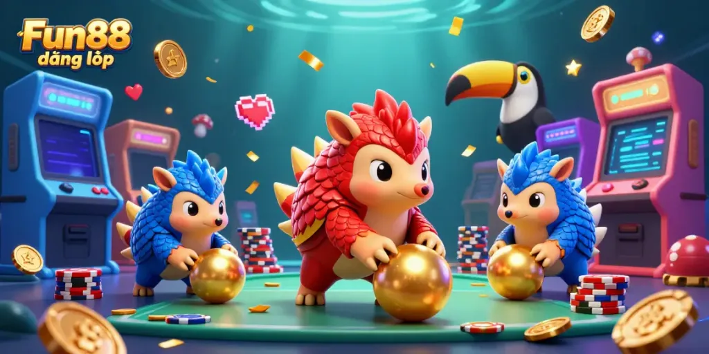 Engage in Fun88 đăng nhập with vibrant pangolins bowling through golden poker chips, showcasing an animated casino atmosphere.