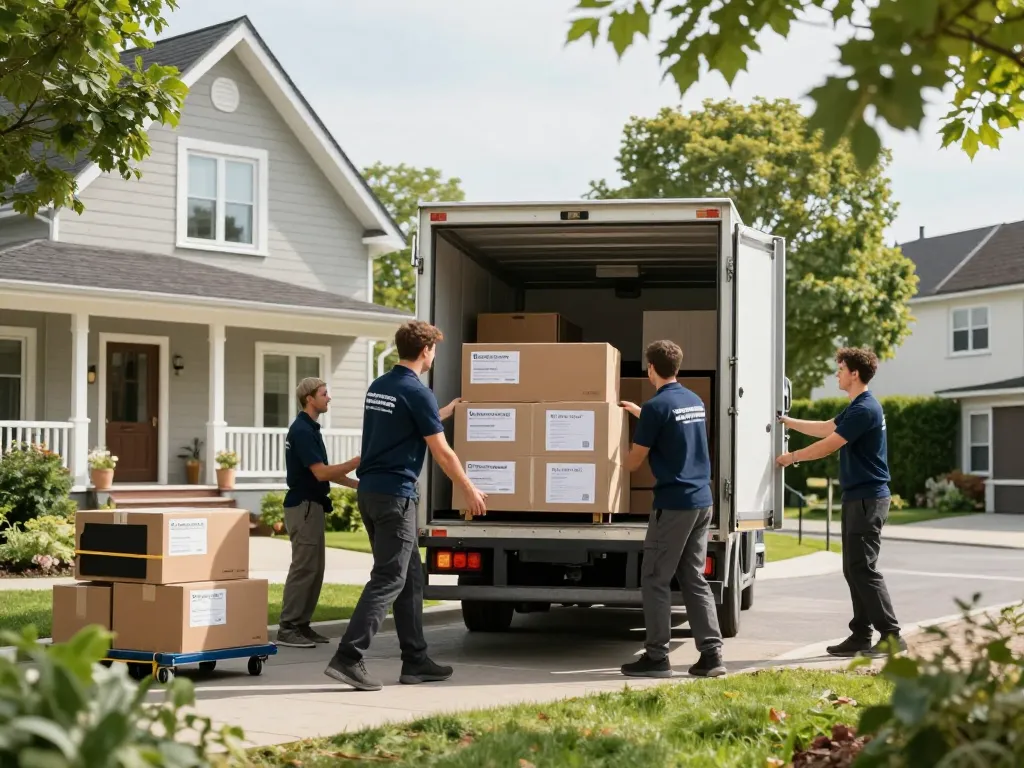 Zuverlässiges Umzugsunternehmen Hannover-Team lädt einen Umzugswagen mit Möbeln und Kartons.