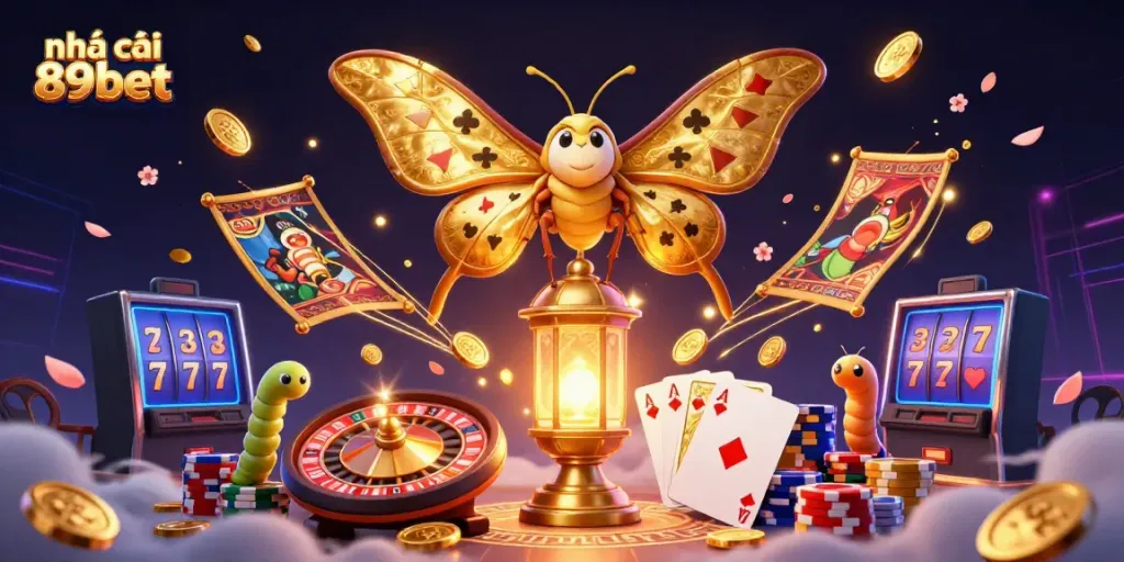 Experience the fun at nhà cái 89bet with a vibrant casino-themed illustration showcasing dynamic gaming elements.