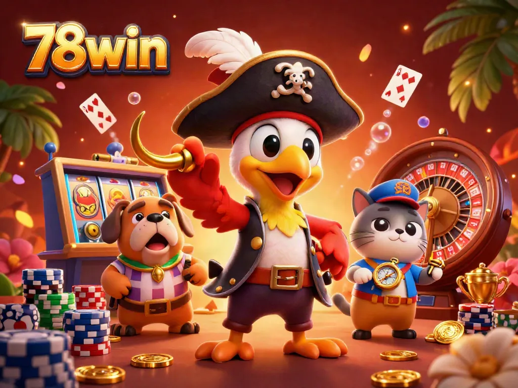 Engage with the vibrant world of 78win as colorful casino characters explore with excitement, showcasing dynamic gameplay.