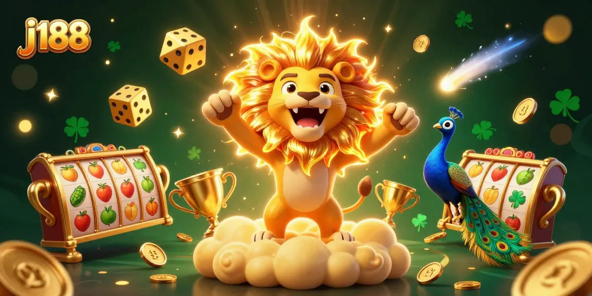 Experience thrilling gameplay at j188 with an exciting 3D casino scene featuring golden dice and slot reels.