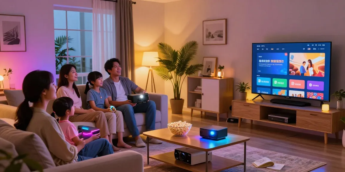 Proiector LED iluminând un living modern în timpul unei seri de film cu familia