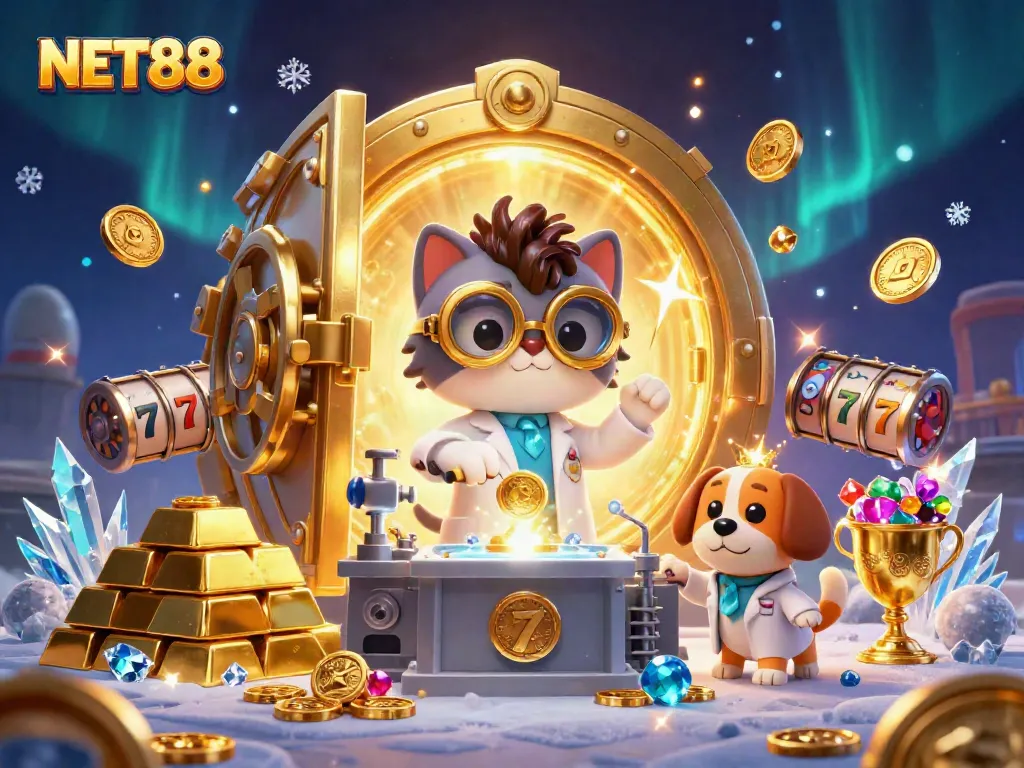 Experience the thrill of NET88 with vibrant slots and gold in this dynamic casino illustration.