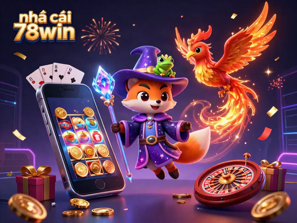 Engaging 3D illustration of nhà cái 78win featuring a mystical wizard fox with casino elements and vibrant gold coins.
