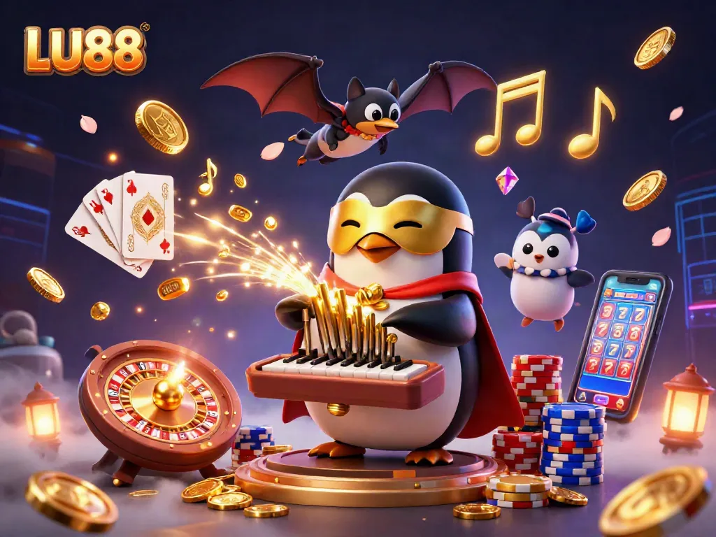 LU88 showcases a vibrant scene with a penguin playing an organ as golden coins and gems cascade.